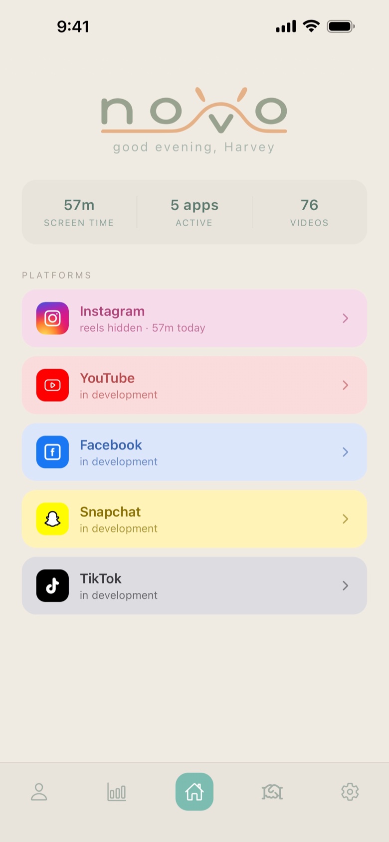 Novo home screen
